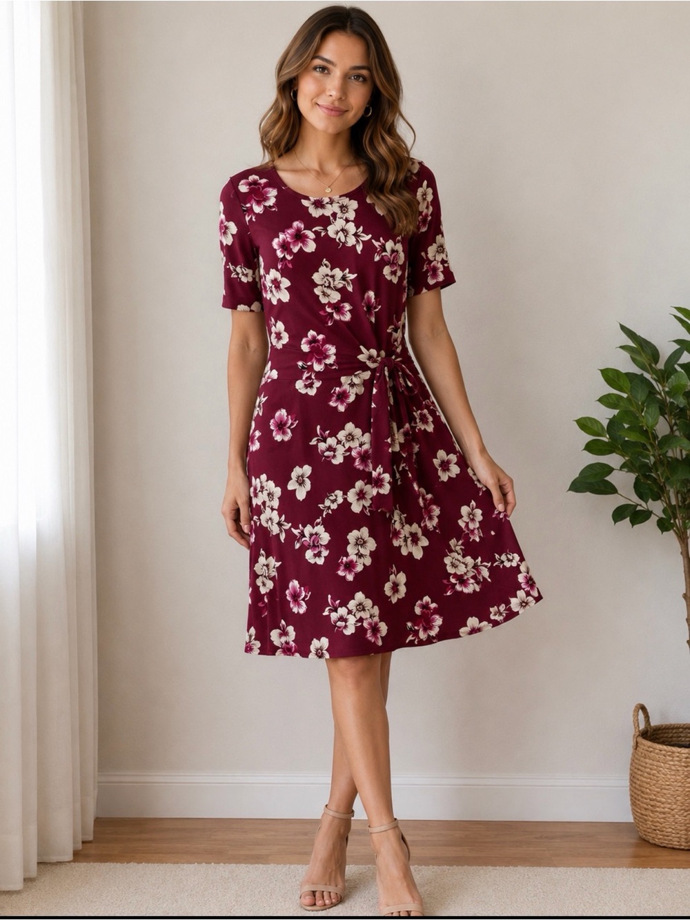 Ann Taylor Factory Burgundy Floral Side-Tie Midi Dress